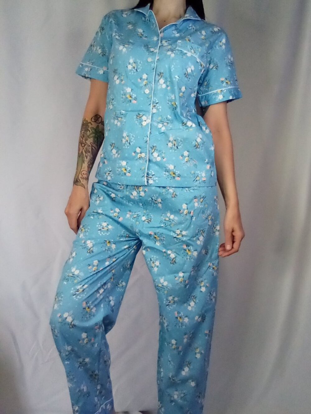Baleno Blue Button Up Pajamas with Birds & Floral Print.